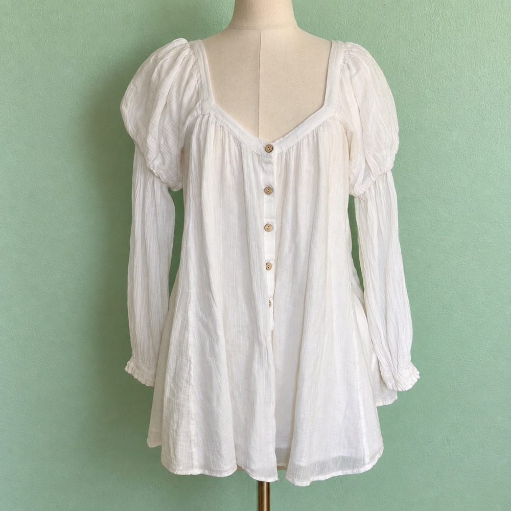 Free People Tunic Dress Womens S White Cotton Gauze Puff Sleeve Boho OB1143356